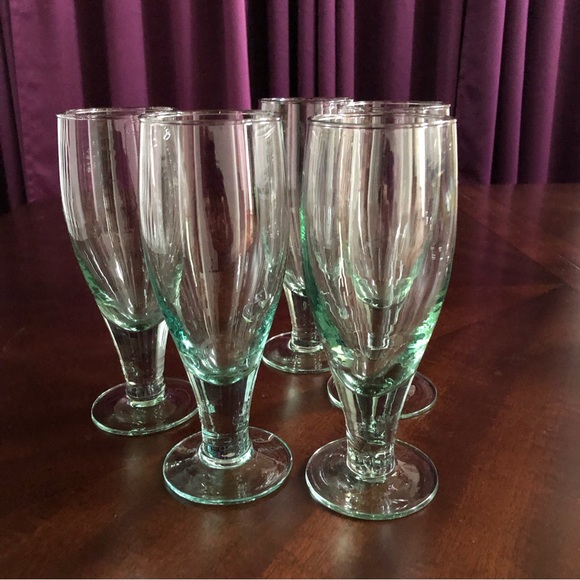 Grouping of 8 Glasses - 5 Green Tinted & 3 Clear w/Blue & Yellow Circles Around - Picture 2 of 5